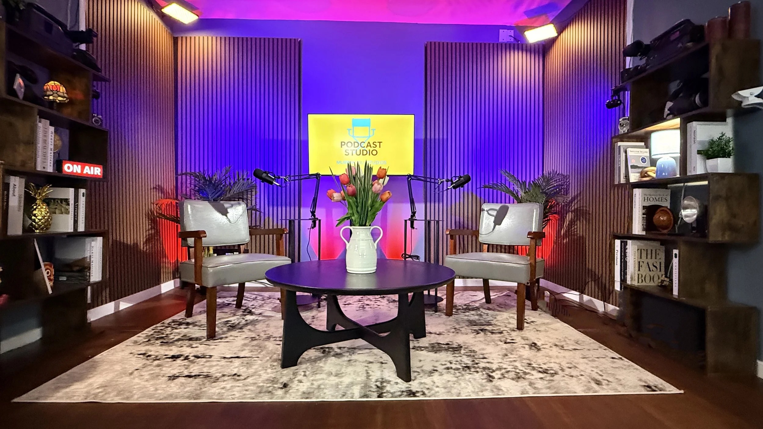 Podcast lounge and host seating area